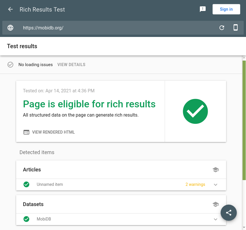 Google Rich Results Test showing MobiDB